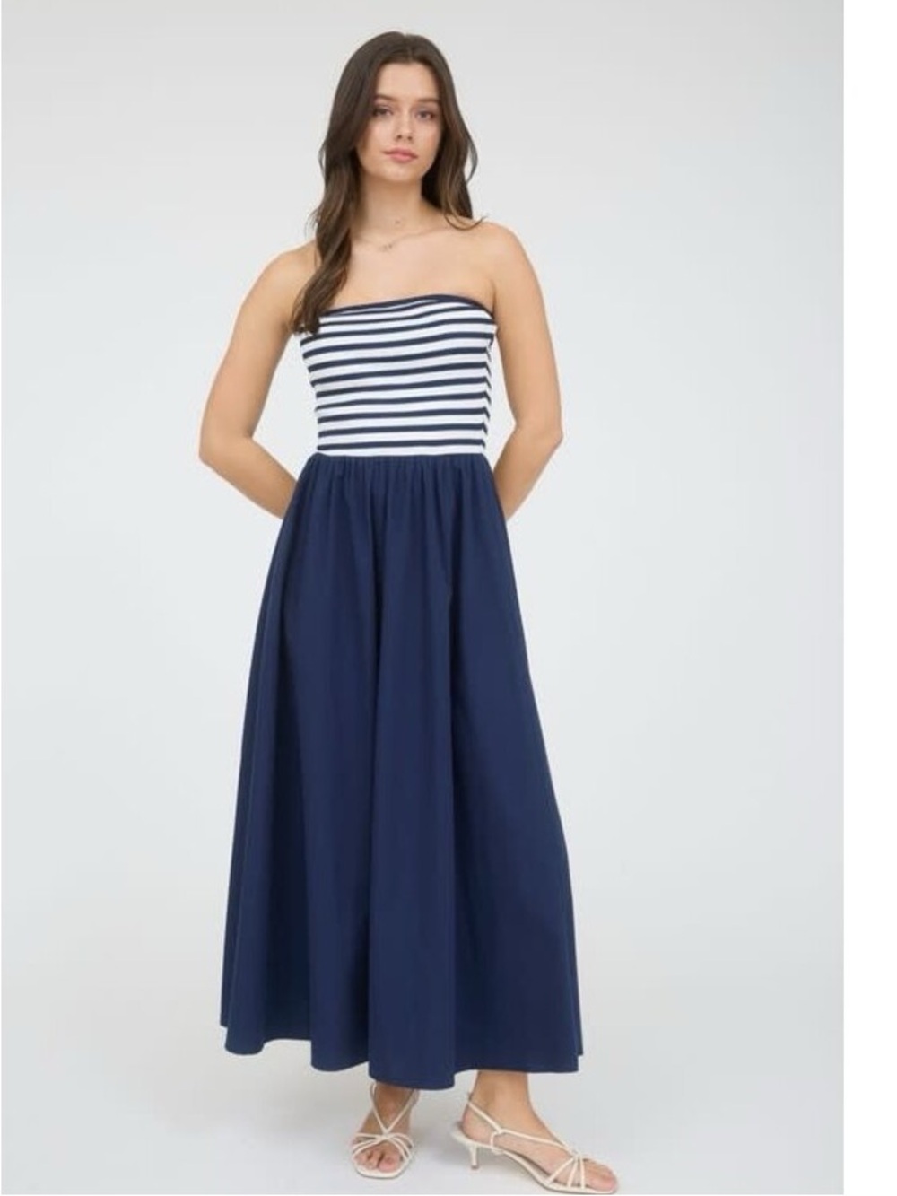 Blu Pepper Jasmine Striped Strapless Navy Blue Maxi Dress Large